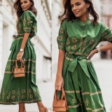Women Printed Button Belt Shirt Dress