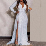 Women Sexy Slit Solid Sequin Maxi Dress