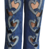 Women Stretchy Hollow Embroidery Heart Print Denim Pants