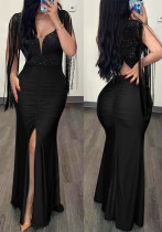 Women Sequin Round Neck Split Tassel Pleated Bodycon Sexy Dress