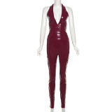 Women Sexy Pu Leather Halter Neck Backless Suspender Zipper Top and Pants Two-Piece Set