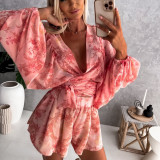 Women Fall Floral Long Sleeve Shorts V-neck Tropical Rainforest Jumpsuit