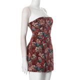 Women Sleeveless Strapless Flower Button Dress
