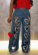 Women Stretchy Hollow Embroidery Heart Print Denim Pants