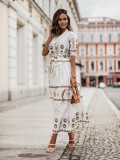 Women Printed Button Belt Shirt Dress