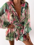 Women Fall Floral Long Sleeve Shorts V-neck Tropical Rainforest Jumpsuit