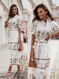 Women Printed Button Belt Shirt Dress