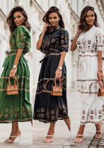 Women Printed Button Belt Shirt Dress