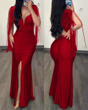 Women Sequin Round Neck Split Tassel Pleated Bodycon Sexy Dress