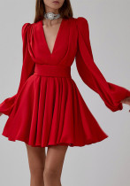 Women French pleated dress puff sleeve v-neck Belt dress