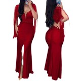Women Sequin Round Neck Split Tassel Pleated Bodycon Sexy Dress