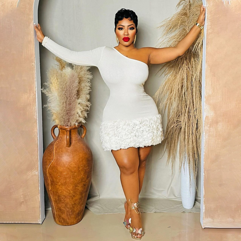 Women Single-Sleeve Ribbed Flower Bodycon Dress