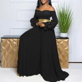 Women Off Shoulder ruffle sleeve solid pleated wide-leg jumpsuit