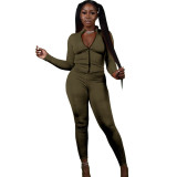 Women Fall Zipper Casual Sports Top and Two-piece trousers