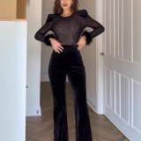 Women Casual Gold Velvet Patchwork Long Sleeve Jumpsuit