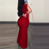 Women Sequin Round Neck Split Tassel Pleated Bodycon Sexy Dress