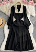 Women French knitting dress season Turndown Collar lantern sleeve long skirt Women French knitting dress season Turndown Collar lantern sleeve long skirt