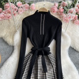 Women French long-sleeved knitting Stand Collar Maxi dress