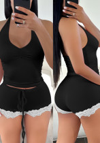 Women V-Neck Backless Drawstring Top and Shorts Two-Piece Set