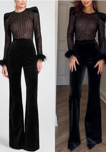 Women Casual Gold Velvet Patchwork Long Sleeve Jumpsuit