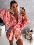 Women Fall Floral Long Sleeve Shorts V-neck Tropical Rainforest Jumpsuit
