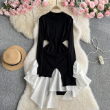 Women French knitting irregular contrasting Patchwork sweater dress