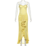 Women Sexy Backless Mesh Suspender Solid Dress