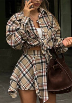 Women American long-sleeved plaid shirt irregular skirt two-piece set Women American long-sleeved plaid shirt irregular skirt two-piece set