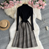 Women French long-sleeved knitting Stand Collar Maxi dress