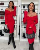Women Solid Off Shoulder Long Sleeve Dress
