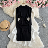 Women French knitting irregular contrasting Patchwork sweater dress