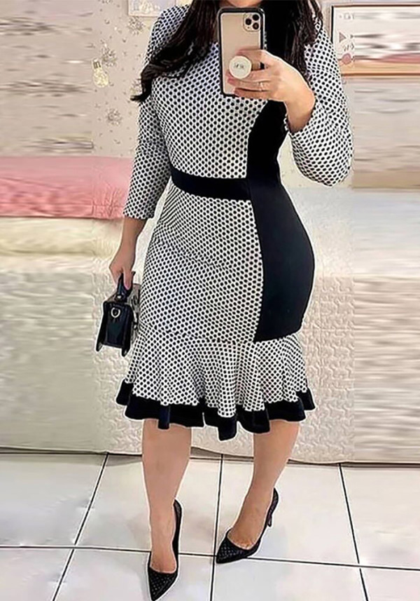 Women Polka Dot Print Contrast Color Ruffle Dress