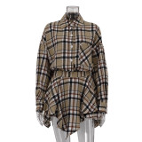 Women American long-sleeved plaid shirt irregular skirt two-piece set