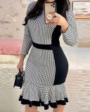 Women Polka Dot Print Contrast Color Ruffle Dress