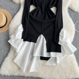 Women French knitting irregular contrasting Patchwork sweater dress