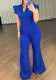 Women Royal Blue Striped Sleeveless Ruffle Edge V-Neck Lace-Up Bell Bottom Jumpsuits