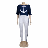 Women Navy Anchor Print Short Sleeve T-Shirt And Pants 2-Piece Set