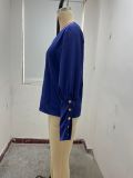 Women autumn long-sleeved button Solidv-neck shirt
