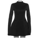Women Backless Round Neck Solid Long Sleeve Dress