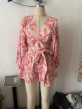 Women Fall Floral Long Sleeve Shorts V-neck Tropical Rainforest Jumpsuit