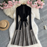 Women French long-sleeved knitting Stand Collar Maxi dress
