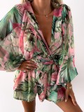 Women Fall Floral Long Sleeve Shorts V-neck Tropical Rainforest Jumpsuit