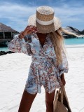 Women Fall Floral Long Sleeve Shorts V-neck Tropical Rainforest Jumpsuit