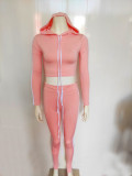 Women Striped Stretchy Hooded Drawstring Top Long Pants Two-piece Set