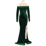Women's Sexy Solid Color Off Shoulder Long Sleeve Slit Velvet Party Dress