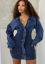 Deep V Women's Slim Patchwork Long Sleeve Denim Dress Deep V Women's Slim Patchwork Long Sleeve Denim Dress