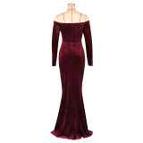 Women's Sexy Solid Color Off Shoulder Long Sleeve Slit Velvet Party Dress