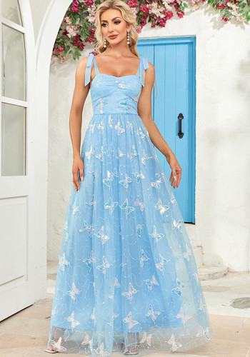 Tie Strap Evening Dress A-Line Mesh Butterfly Pattern Embroidered Elegant Birthday Long Party Dress