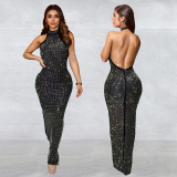 Fashionable Women's Beaded Slim Low Back Sexy Dress