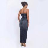 Sexy Beaded Strapless Elastic Back Slit Slim Long Dress